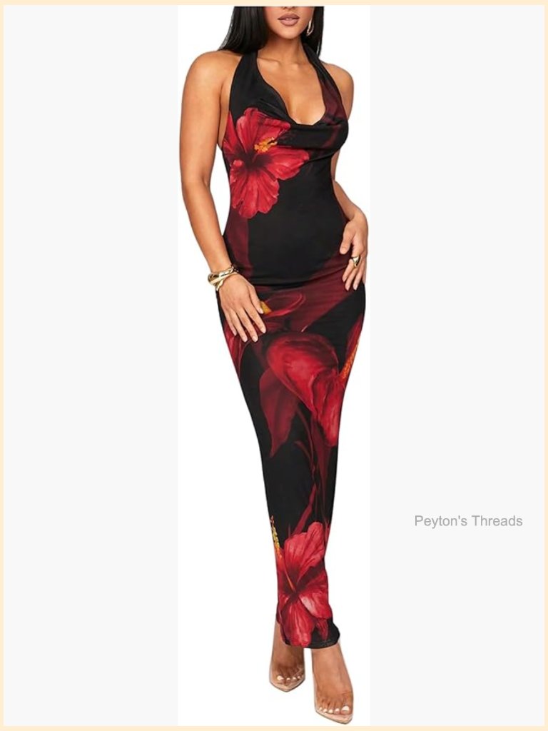 Women's Floral Halter Maxi Dress Draped Cowl Neck Backless Bodycon Mesh Party